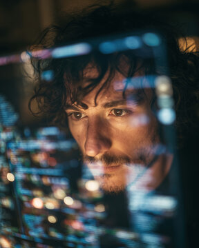 intimate portrait of a focused programmer with code reflections on glass
