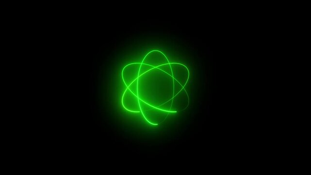 Neon shine atom icon animation on background.Glowing neon green Atom icon animation on black background. 4k video
