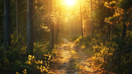 Obraz premium golden sunlight streaming through pine trees onto a peaceful forest path