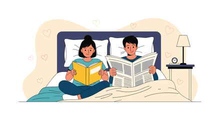 Happy young couple relaxing and reading together in bed, with the woman enjoying a book and the man reading a newspaper in a cozy bedroom scene.