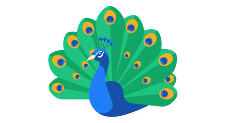 Obraz premium Colorful cartoon peacock with detailed feathers showcasing vibrant blue green and gold colors