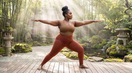 confident plus-size Black female model gracefully performing a warrior  yoga pose in a tranquil zen-style garden during mid-morning light