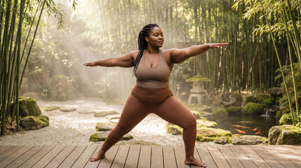 confident plus-size Black female model gracefully performing a warrior  yoga pose in a tranquil zen-style garden during mid-morning light