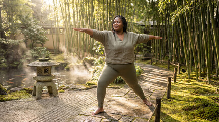 confident plus-size Black female model gracefully performing a warrior  yoga pose in a tranquil zen-style garden during mid-morning light