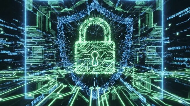Digital shield transforms into a glowing green circuit lock, surrounded by data streams and binary code in a futuristic cybersecurity tunnel.