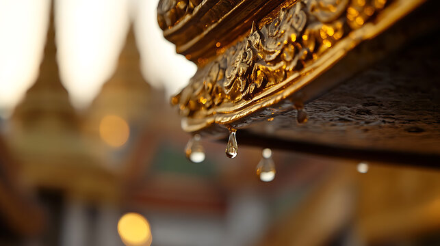 Golden drip captured in a serene temple setting.  Each droplet reflects the architectural beauty and cultural richness. A moment frozen in time, eternalizing the temple&rsquo;s allure.