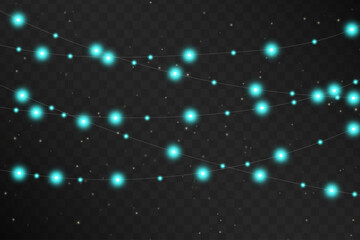 Five hanging Christmas garlands in turquoise tones with white snow or dust particles on a dark checkered background. Festive winter lighting decor.