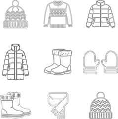 Winter clothing and apparel line icons set, cozy seasonal fashion accessories