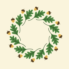 Oak leaves. Wreath of oak leaves. Autumn wreath. Acorn. Oak leaf ornament. Logotype. Oak branch and acorns. Vector illustration in doodle style. Leaf. Floral logo template. Round pattern. Decorative 