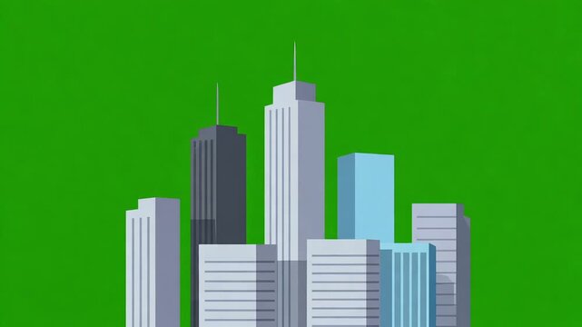Modern City Skyline Skyscraper Illustration Animation on Green Screen for Urban and Business Use
