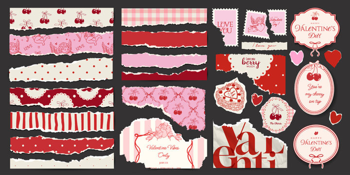 Valentine's Day scrapbook torn paper set. Retro paper decor. Scraps of romantic vintage wrapping paper, postcards, postage stamps. Vector design template for design collage