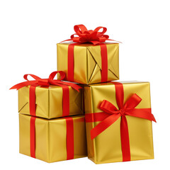 Stack of gold gift boxes with red ribbons isolated on transparent background