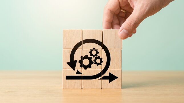 A hand holds a wooden block with a black circular arrow and gears icon on it sitting on a tan surface against a light green backdrop - Powered by Adobe