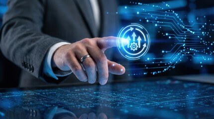 A person in a suit is touching a glowing blue circular interface element with their finger on a dark blue surface