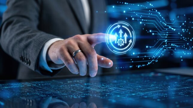 A person in a suit is touching a glowing blue circular interface element with their finger on a dark blue surface - Powered by Adobe