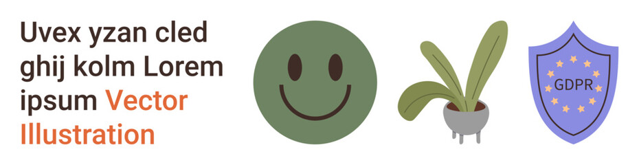 Fototapeta premium Data privacy, online identity, compliance, environment, positivity, security. Green happy face, potted plant GDPR shield and placeholder text. Data privacy and online identity