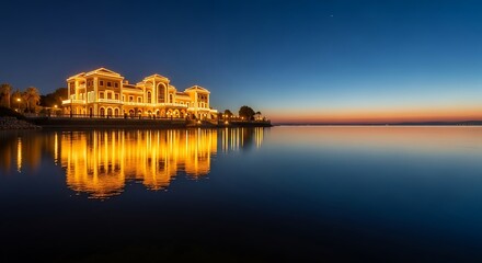 Obraz premium Emirates Palace Hotel illuminated at dusk with reflection in water.
