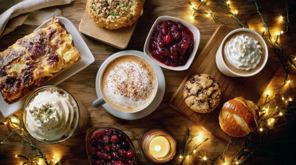 Top view of Christmas breakfast flat lay with cappuccino, hot chocolate, muffins, and pastries on wooden table with fairy lights, festive holiday food background for winter seasonal cafe promotion