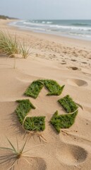 Recycling Symbol on Beach Sand Environmental Conservation Concept