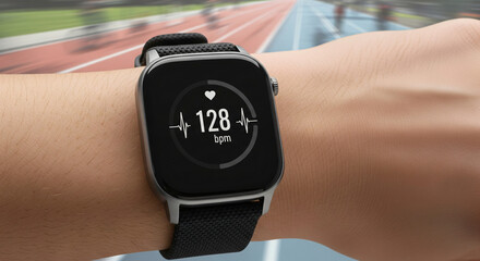 Close-up of smart watch health tracker with heart rate shown on the screen. Modern stylish and innovation wearable device. athlete checks his heart rate before training at the stadium. heart beat