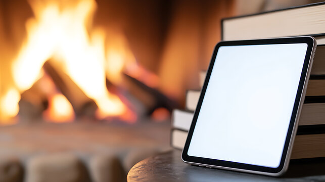 Tablet with a blank screen sits near books and a warm fireplace. Cozy digital relaxation. Books next to an e-reader. Fire crackles with warmth. Winter vibes. - Powered by Adobe