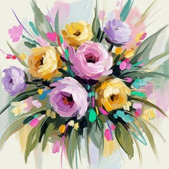 Expressive abstract floral bouquet painted with bold brushstrokes and vibrant pastel tones, contemporary artwork capturing movement, freshness and artistic emotion