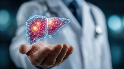 Doctor Holding Holographic Image of Human Liver for Health and Medical Care Concept