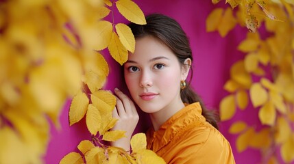 Autumn Portrait of a Young Woman Surrounded by Yellow Leaves Against a Pink Background