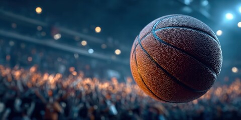 Basketball in flight towards the hoop during the last moments of a winning game moment
