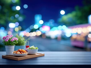 Colorful Evening Outdoor Dining Setting with Food and Decorations in Professional Studio Lighting