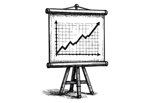 A sketchy, black and white illustration depicts a flip chart on a wooden easel displaying a rising line graph indicating positive growth and success.