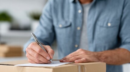 Professional Designer Sketching Ideas on Cardboard Box in Clean Corporate Workspace