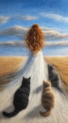 a girl with curly red hair stands in the middle of an endless field