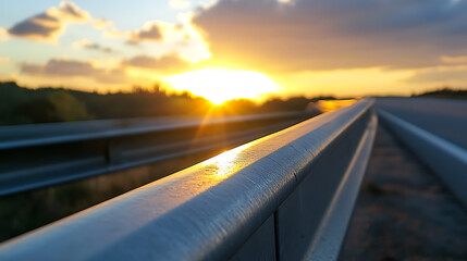 Fototapeta premium Golden hour highway: warm sunset hues paint the sky, reflecting on the metallic guardrail, blurring the line between travel and tranquility. A serene escape on the open road.