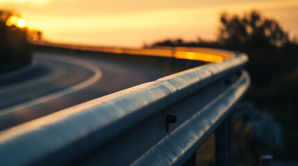 Serene Sunset Over Winding Road: A calm road winds into the horizon under a tranquil sunset sky. Guardrails guide the way, promising a peaceful journey ahead into the evening glow.