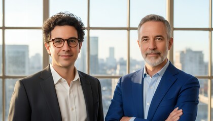 Fototapeta premium Two professional men one wearing glasses and a dark suit over a white shirt the other with a grey beard in a blue suit standing indoors with an urban city skyline visible through large windows