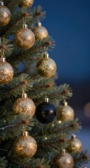 Festive Christmas Tree Decorated with Golden Ornaments and Lights