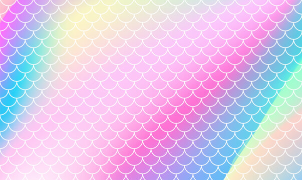 Pastel rainbow mermaid banner soft holographic gradient wave and seamless fish scale pattern texture