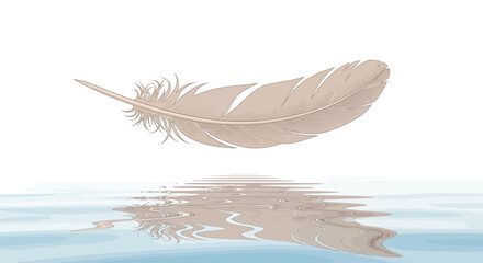 Elegant beige feather floating above calm water with reflection minimalistic art © Kejora