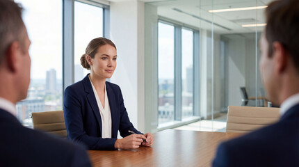 professional female job candidate seated at a modern boardroom table during a job interview