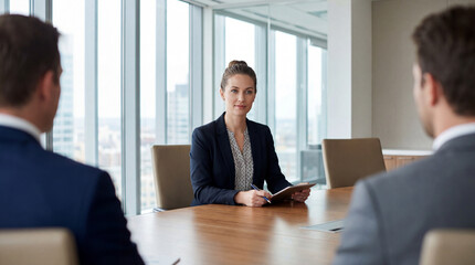 professional female job candidate seated at a modern boardroom table during a job interview