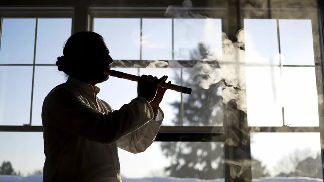 Silhouette of a Person Playing a Wooden Flute Near a Large Window on a Snowy Day with Light Streaming Through the Panes Creating a Moody Atmospheric Scene