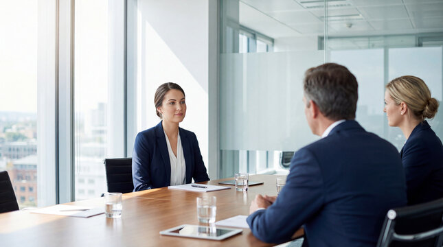 professional female job candidate seated at a modern boardroom table during a job interview