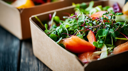 Fresh salad in a sustainable cardboard box. Greens, tomatoes, and healthy ingredients create a vibrant and eco-friendly meal for a nutritious lunch. Stay healthy!