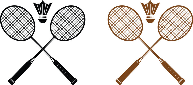 Clean black and white crossed badminton rackets with shuttlecock emblem in minimal flat vector style, modern sports logo icon design, monochrome illustration isolated on white background for brandings