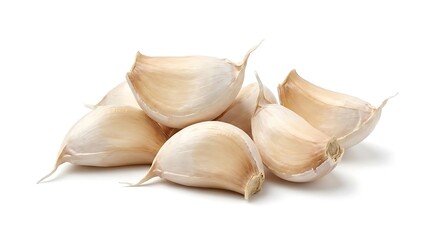 Several fresh white garlic cloves piled together on a clean white background showcasing natural texture and culinary potential for cooking