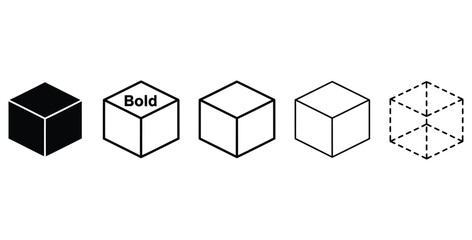 Obraz premium Five distinct isometric cube icons illustrating different styles from solid fill to dashed outline representation