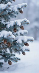 Snowy Pine Branches in Winter Landscape Frosty Evergreen Detail