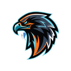 A fierce and aggressive eagle mascot head with vibrant cyan and orange accents ready for esports on white background.