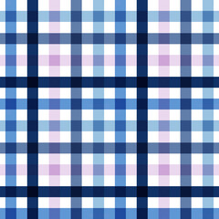 A seamless vector pattern of a classic gingham or plaid check design featuring shades of blue, light blue, and subtle lavender or pink tones